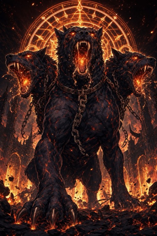 Cerberus, a three-headed hound wreathed in lava and chains, standing under a burning sigil.