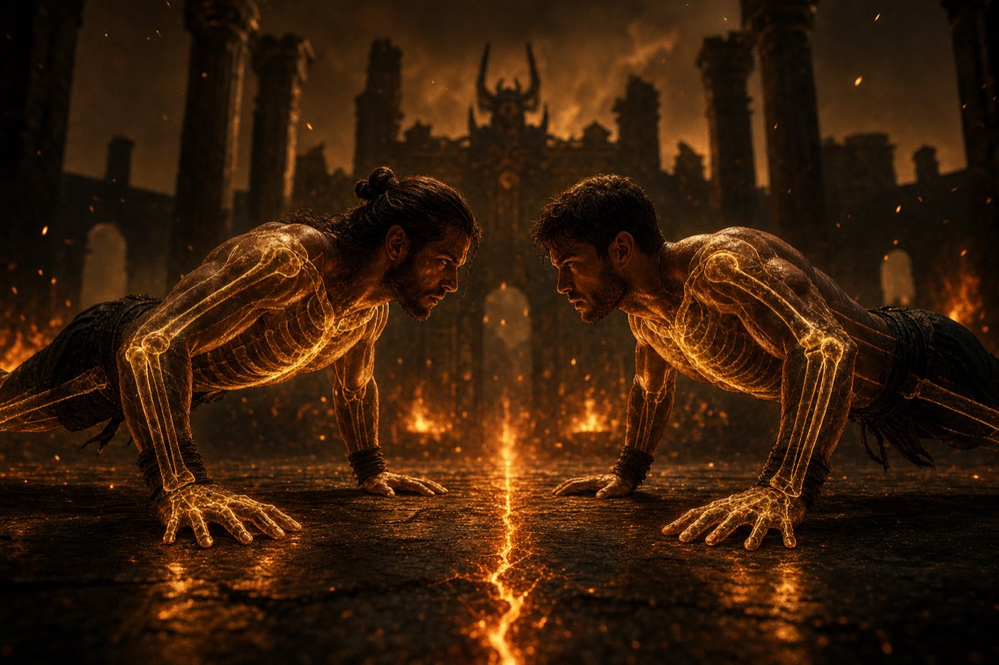 Two warriors face to face at the bottom of a push-up, gold skeletons glowing through their bodies, a seam of lava splitting the floor between them.