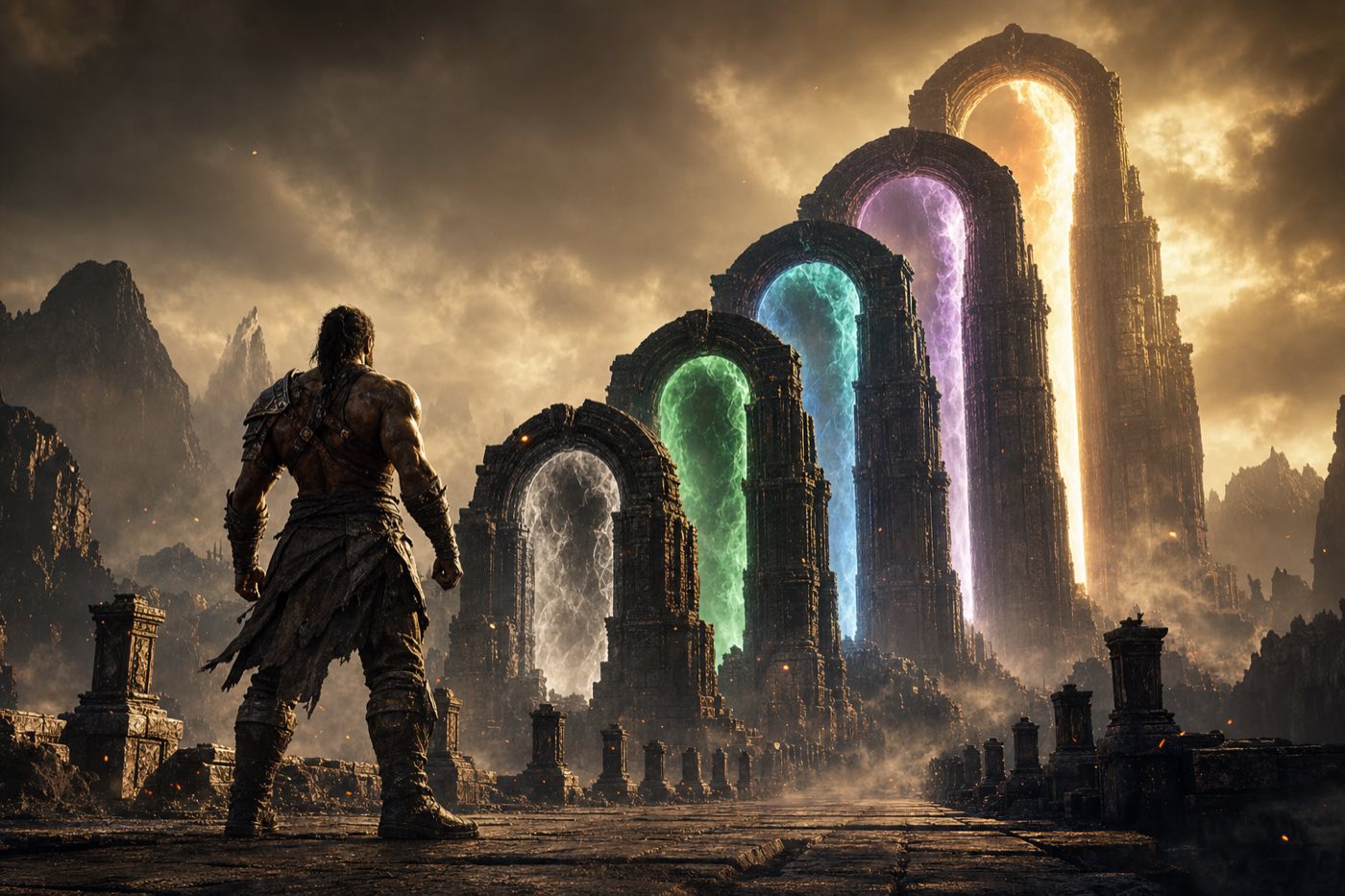 A lone warrior in a push-up on a stone causeway, facing six colossal gate arches receding into the dark, each burning brighter than the last.