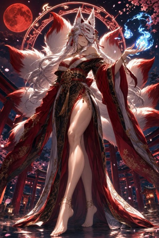 Kitsune, a masked nine-tailed fox spirit holding blue flame beneath a blood moon.