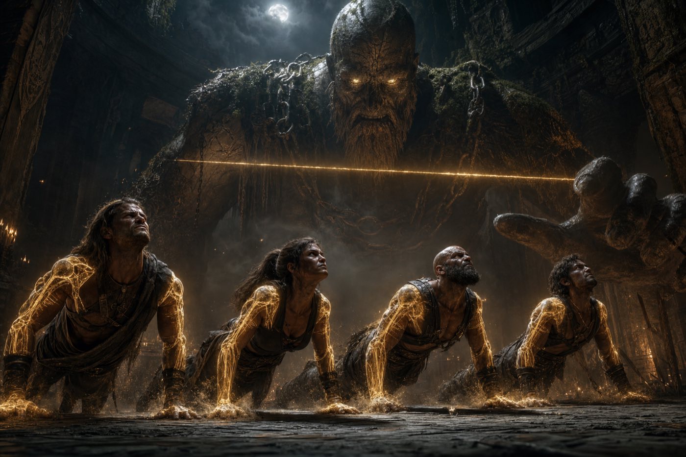 Four warriors in a row, seen from behind in push-up position, facing a colossal molten titan with a long bar of ember light stretched in front of it.