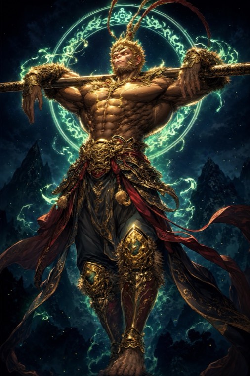 Wukong hanging from a golden staff against a green-lit night sky.